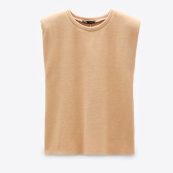 Zara 2 piece set - knit shoulder pad tee & matching pants tan lounge set - Picture 3 of 12